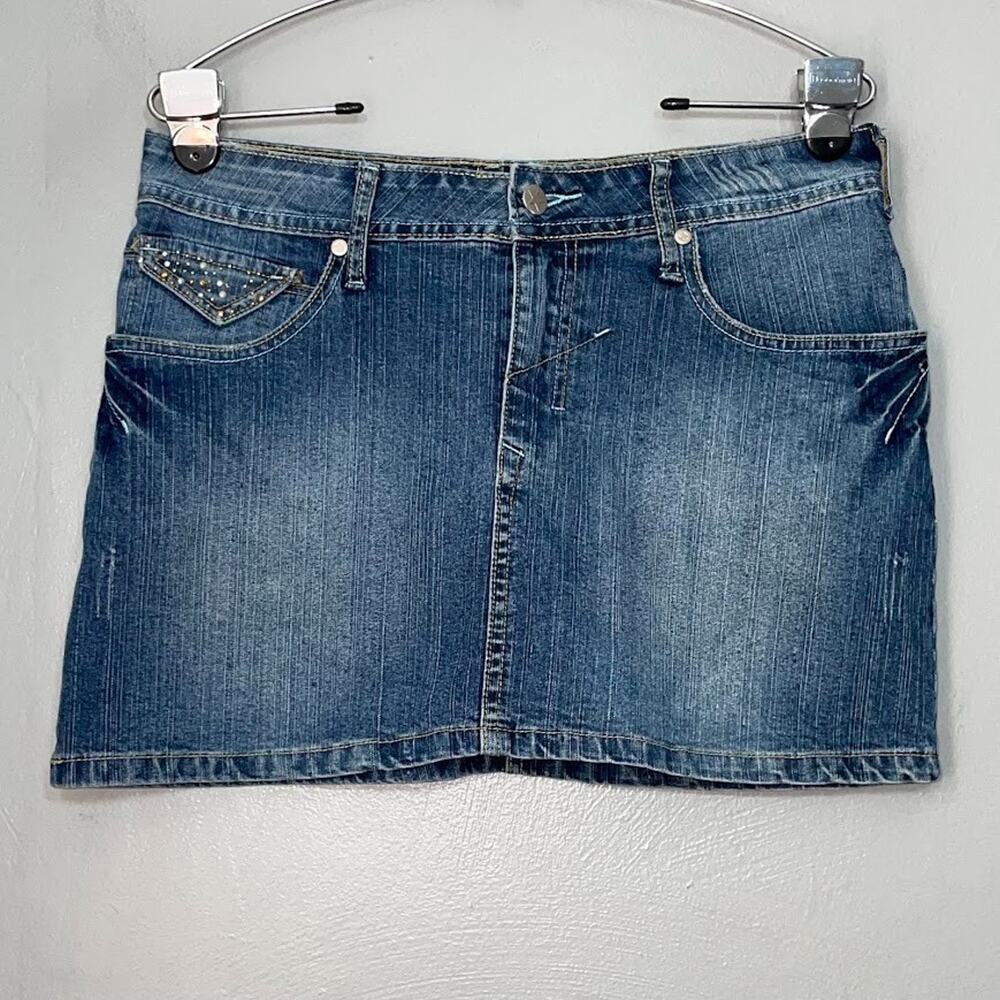 Y2K Zoey Beth Denim Skirt Size Medium Low Rise Mini Blue Jean Embellished Bling
